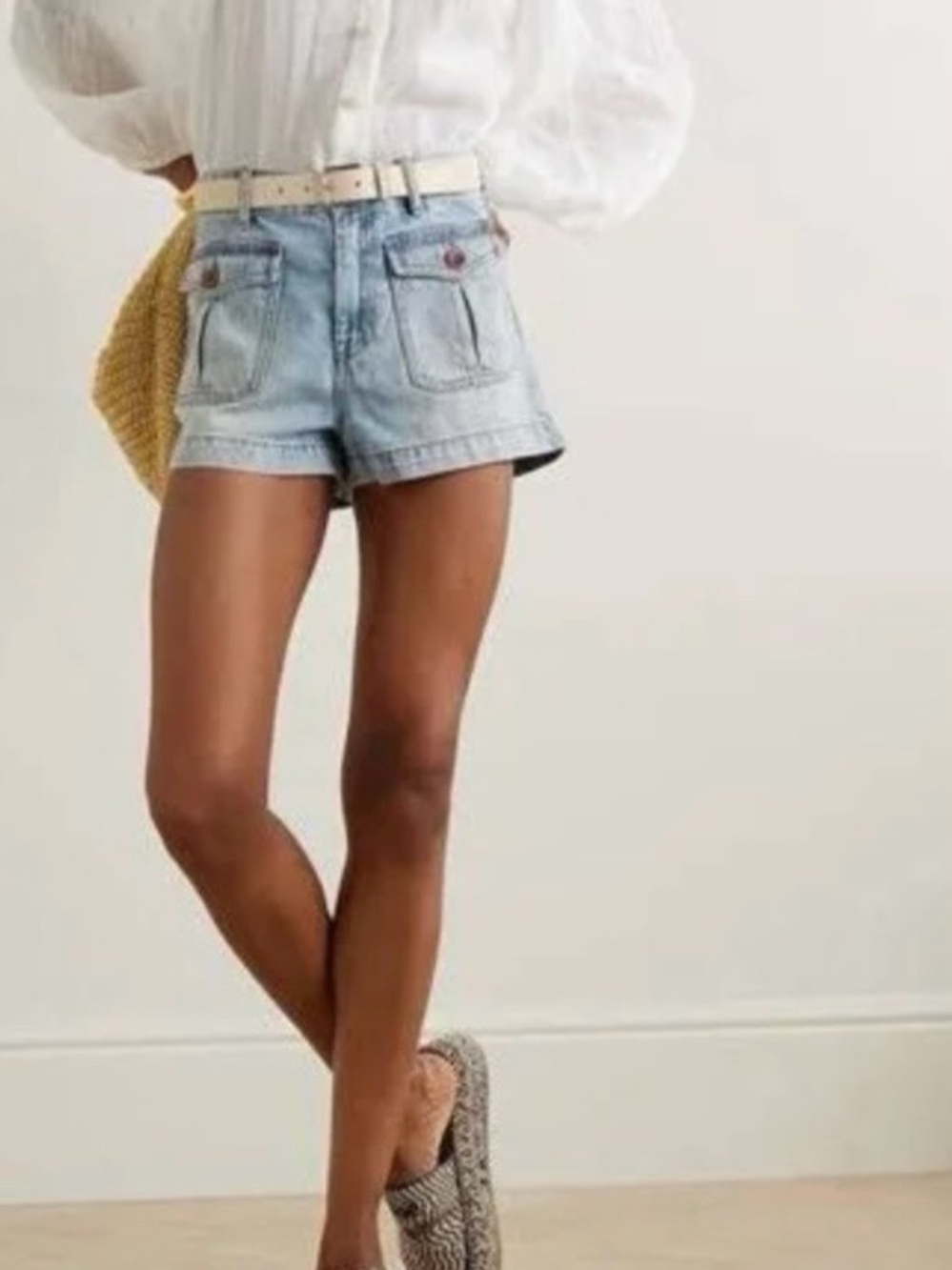 Zimmermann Light Wash High-Rise Denim Short with Front Flap Pockets